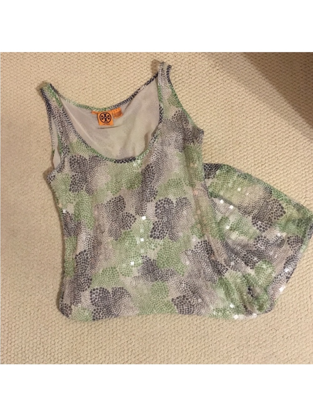 Tory Burch Cream/Gray/Green Sequin Silk Cocktail Tank Dress size 10 - Picture 4 of 8